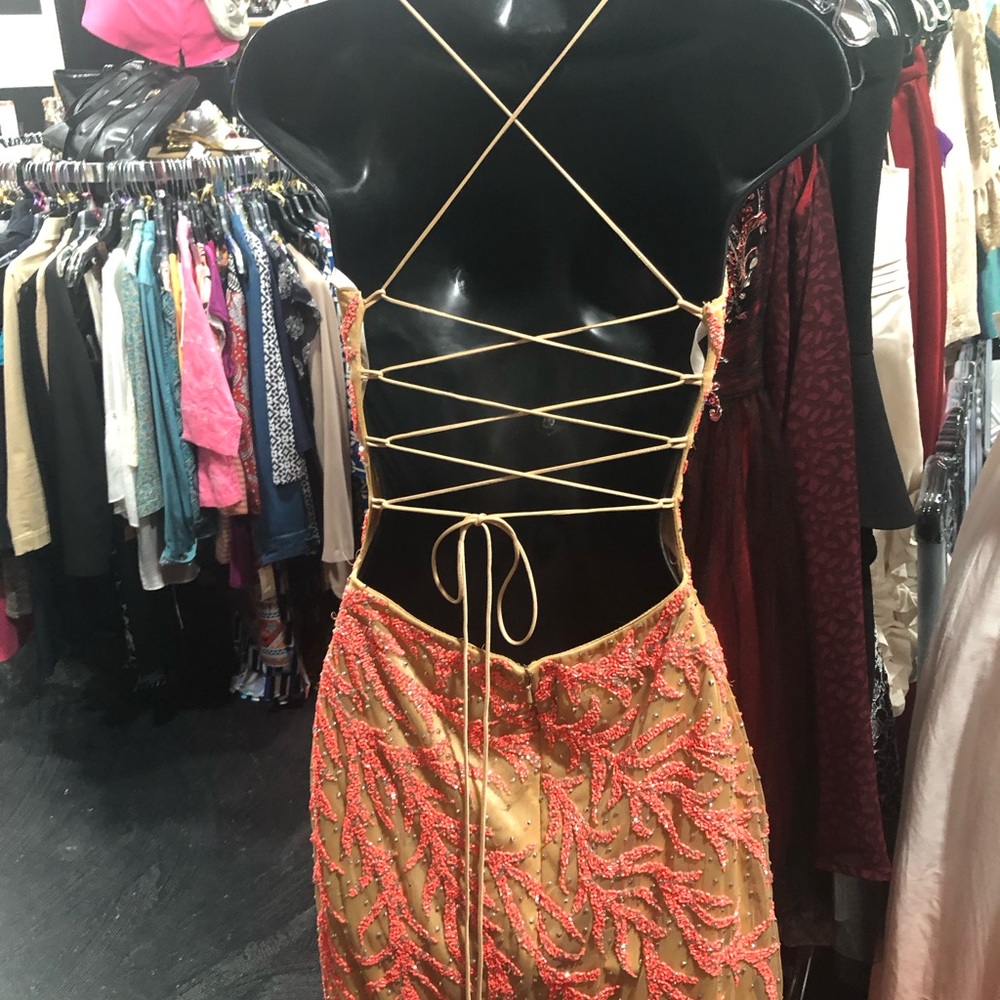Primavera Couture Orange & Tan Beaded Cocktail Dress - Picture 2 of 5